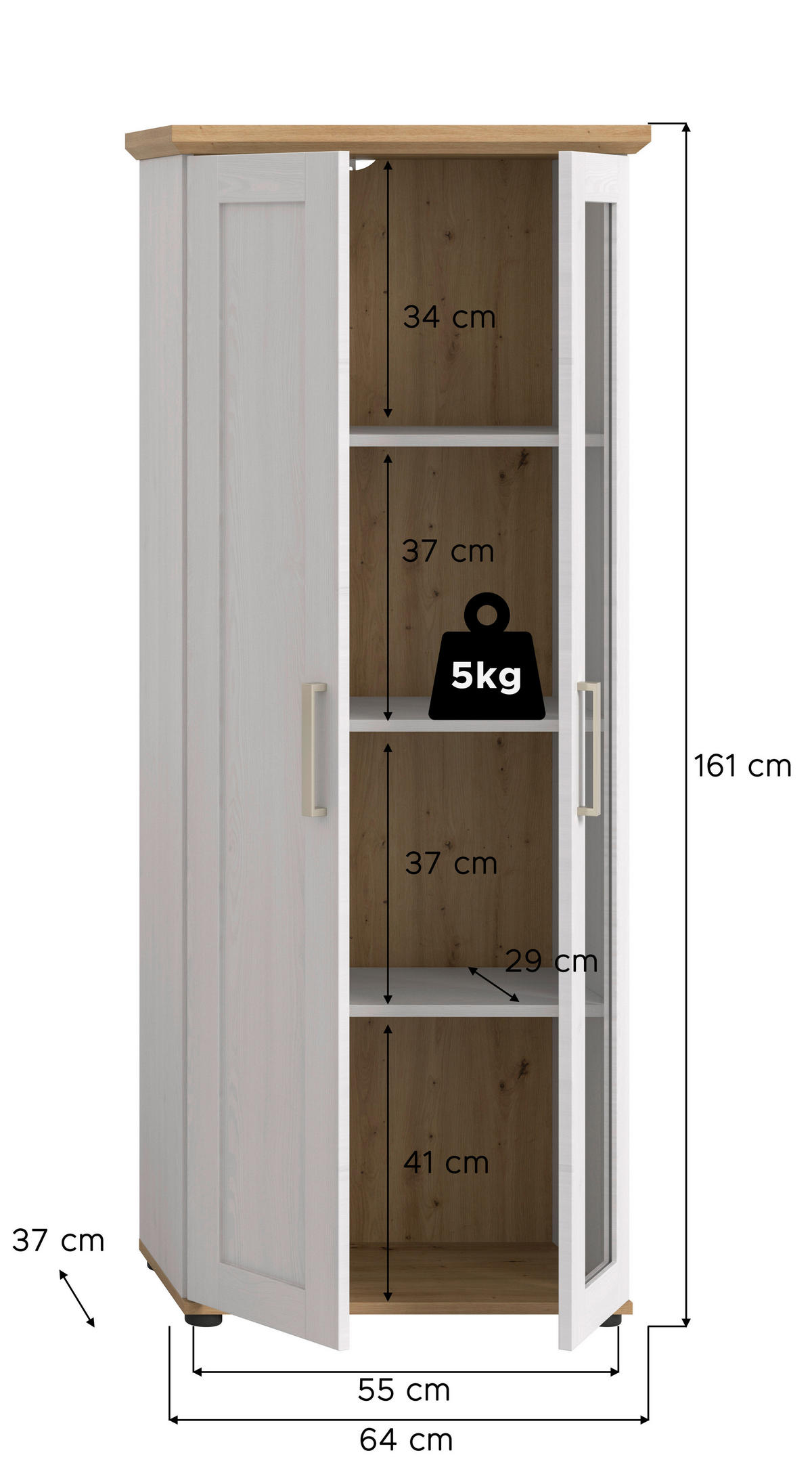 Vitrinenschrank VERONA Lärche Nachbildung Eiche Nachbildung B/H/T: ca. 64x161x37 cm VERONA - Eiche/Lärche (64,00/161,00/37,00cm) - xonox.home