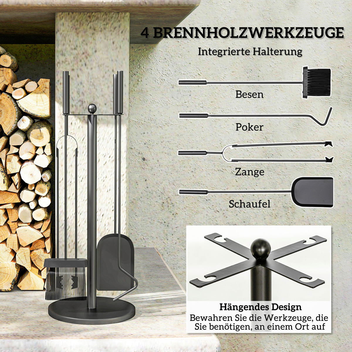 Outsunny Kaminbesteck-Set 5tlg. schwarz B/H/L: ca. 25x54x25 cm Kaminbesteck-Set 5tlg. - schwarz (25,00/25,00/54,00cm) - Outsunny