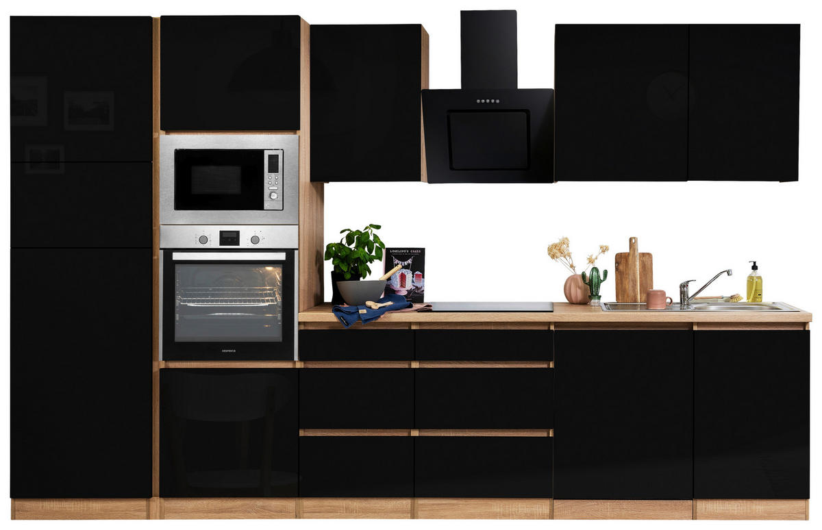 Respekta Küchenblock Premium schwarz hochglänzend B/H/T: ca. 345x220,5x60 cm Premium - Eiche/schwarz (345,00/220,50/60,00cm) - Respekta