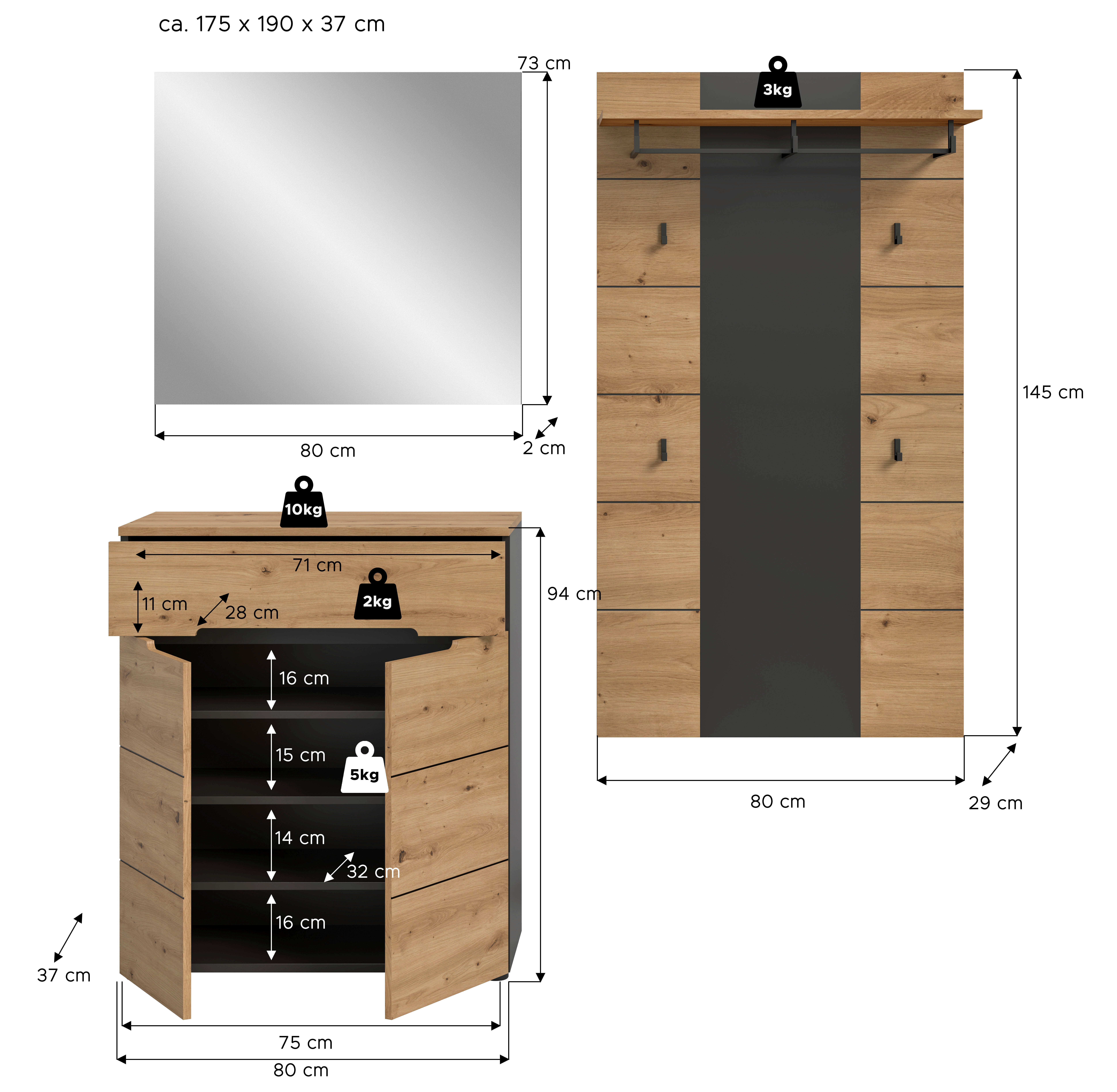 Garderobe Canu basaltgrau Nachbildung Artisan Nachbildung B/H/T: ca. 175x190x37 cm Canu - basaltgrau (175,00/190,00/37,00cm) - xonox.home