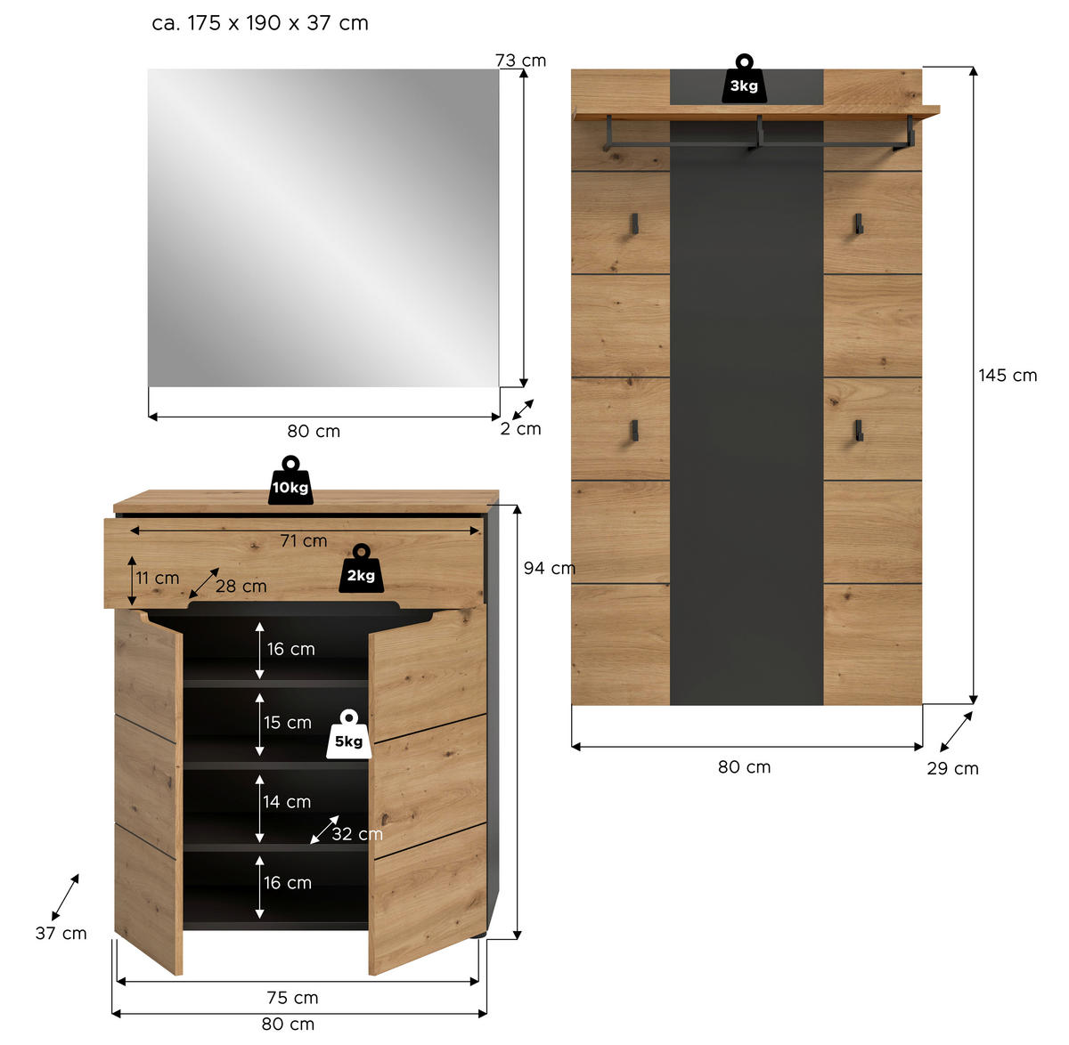 Garderobe Canu basaltgrau Nachbildung Artisan Nachbildung B/H/T: ca. 175x190x37 cm Canu - basaltgrau (175,00/190,00/37,00cm) - xonox.home