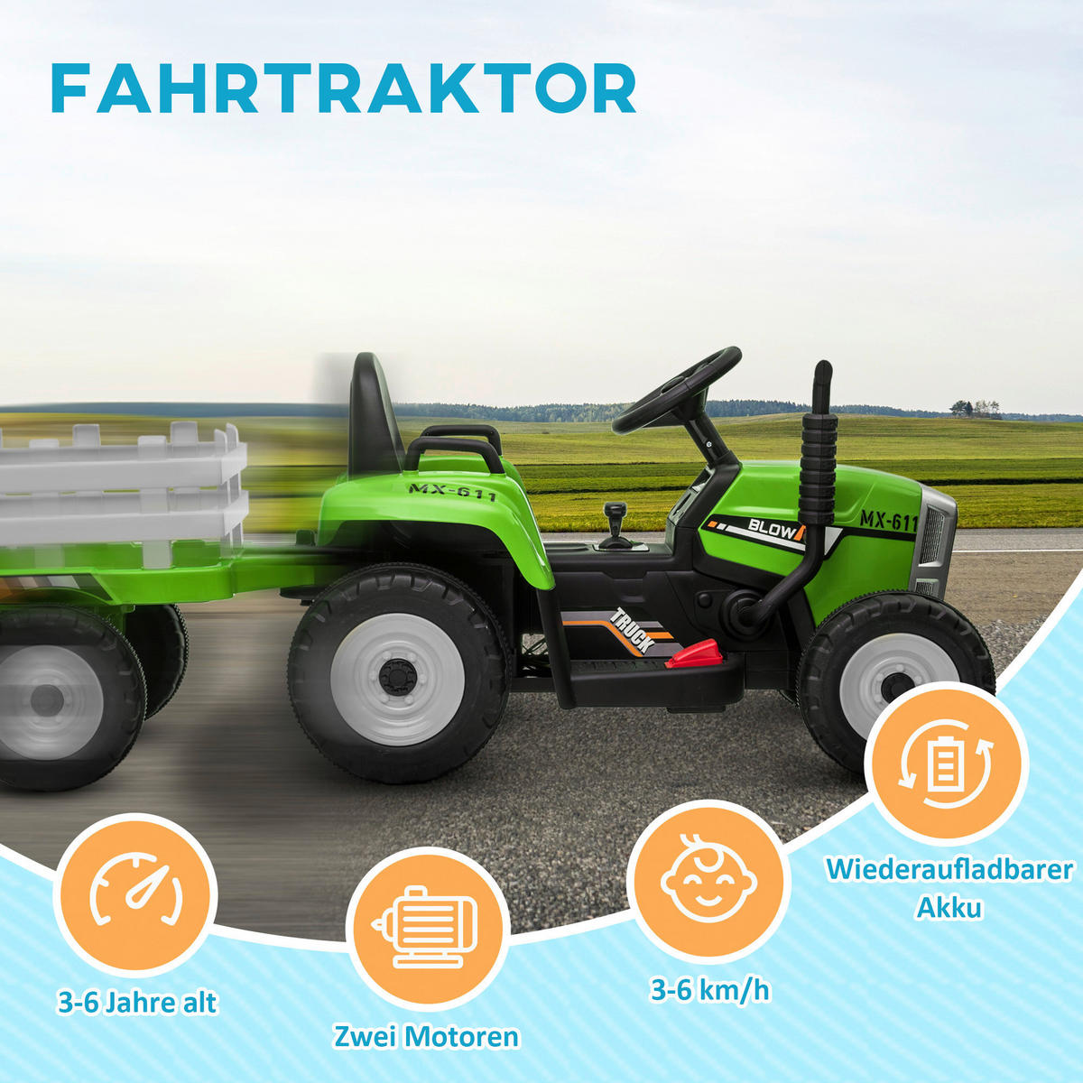 HOMCOM Kinder Elektro-Traktor grün B/H/L: ca. 50x52,5x136,5 cm Kinder Elektro-Traktor - grün (136,50/50,00/52,50cm) - HOMCOM