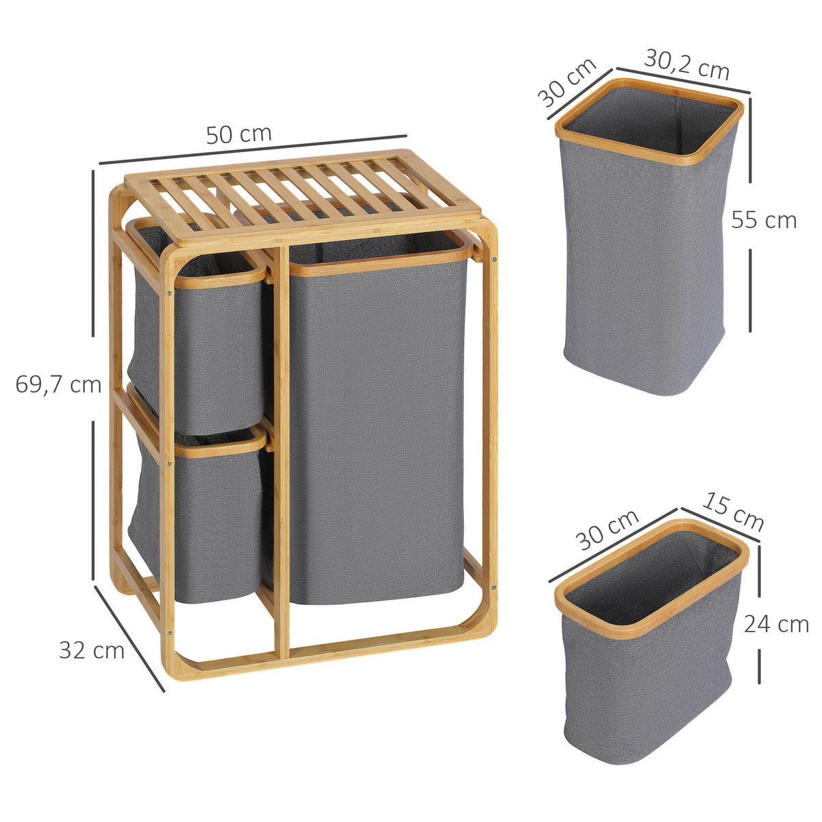 HOMCOM Wäschekorb natur B/H/L: ca. 32x50x69,7 cm Wäschekorb - natur/grau (69,70/32,00/50,00cm) - HOMCOM