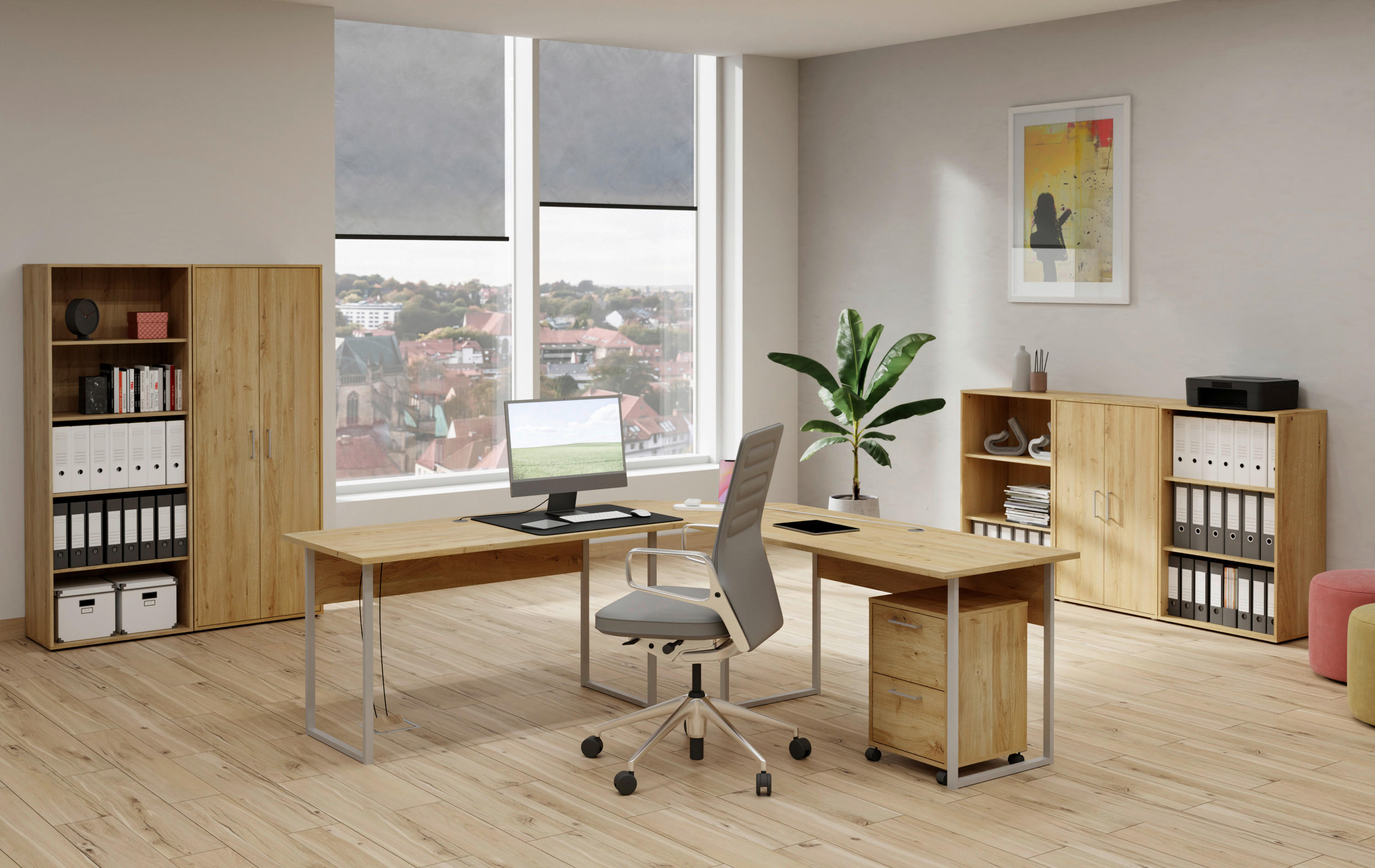 Winkelschreibtisch  Eiche Artisan Nachbildung weiß B/H/T: ca. 204x74x204 cm Princeton_Winkelschreibtisch - Eiche/weiß (204,00/74,00/204,00cm)