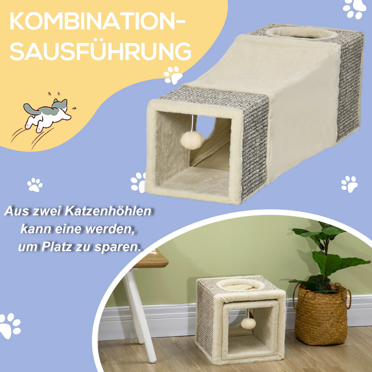 PawHut Katzen-Zubehör beige Spanplatte B/H/L: ca. 30x98x30 cm Katzentunnel - beige/braun (30,00/30,00/98,00cm) - PawHut