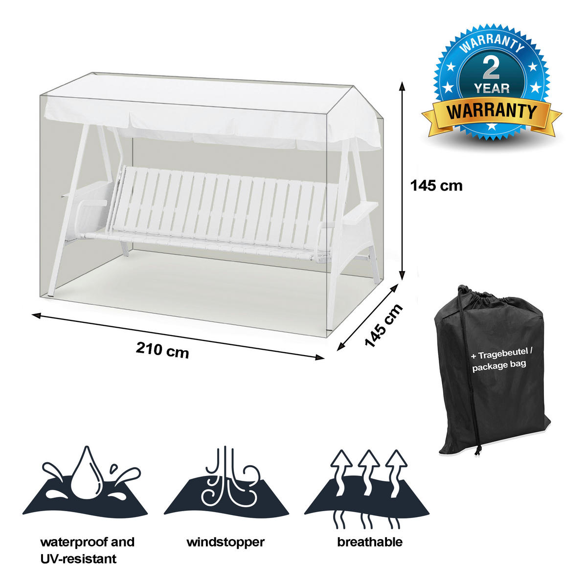 Grasekamp Schutzhülle für Hollywoodschaukel Black Premium schwarz Kunststoff B/H/L: ca. 145x145x210 cm Black Premium - schwarz (210,00/145,00/145,00cm) - Grasekamp