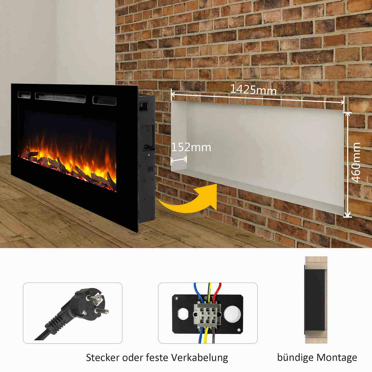 Balderia Einbaukamin Fiamma 60" schwarz Metall B/H/T: ca. 153x14,5x51,5 cm ca. 2000 W Elekt.-Kamin Fiamma 60" EF174D - schwarz (153,00/14,50/51,50cm) - Balderia