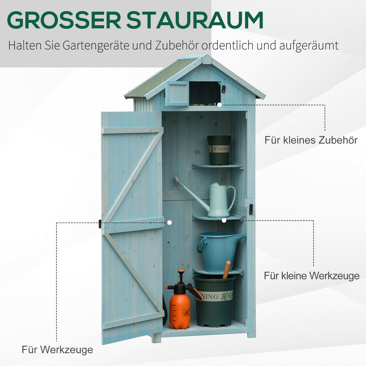 Outsunny Gartenhaus hellblau B/H/L: ca. 54x179x77 cm Gartenhaus mit Regalböden - hellblau/grün (77,00/54,00/179,00cm) - Outsunny