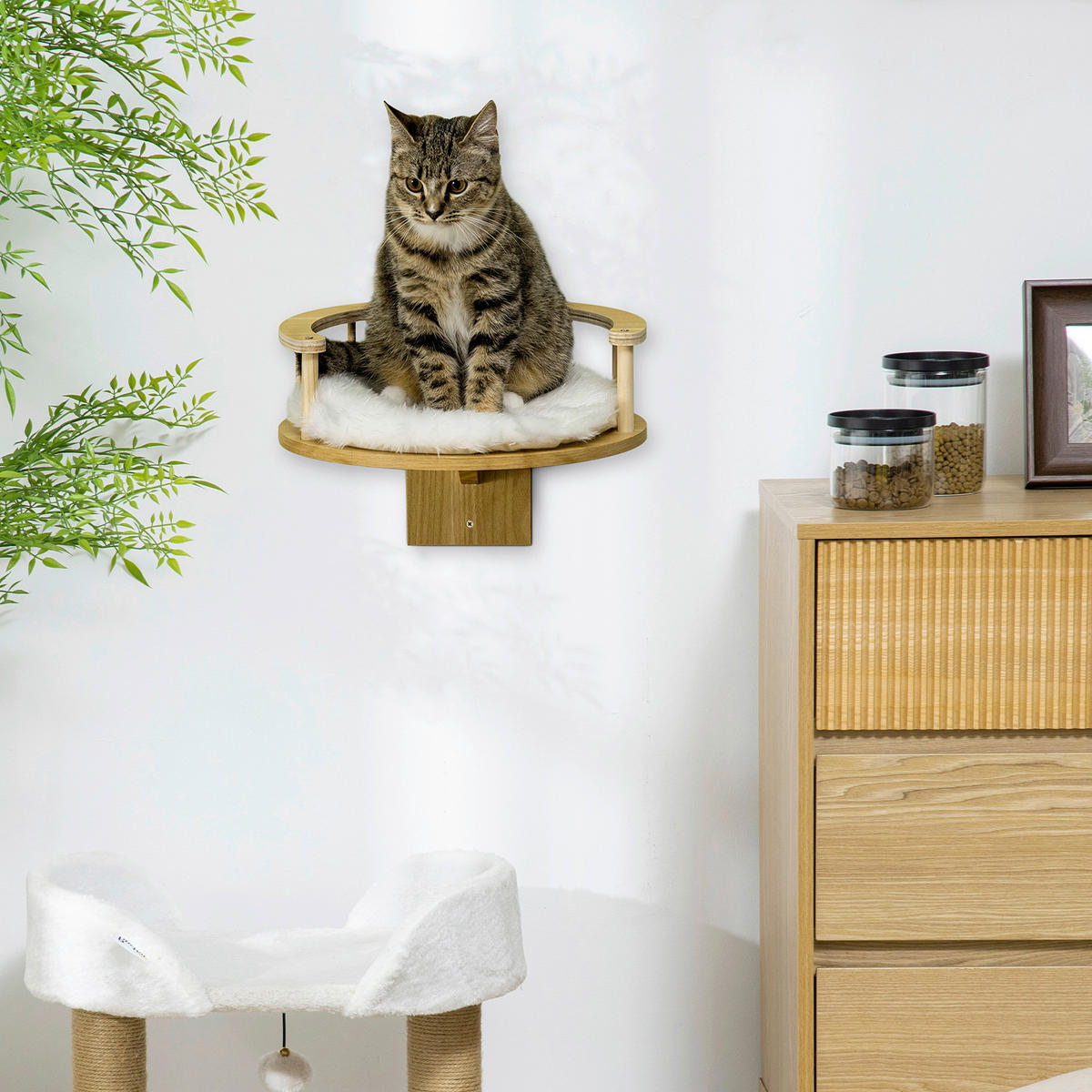 PawHut Katzen-Zubehör Eiche Edelstahl B/H/L: ca. 34x34x10,5 cm Katzen-Wandliege - Eiche/cremeweiß (10,50/34,00/34,00cm) - PawHut