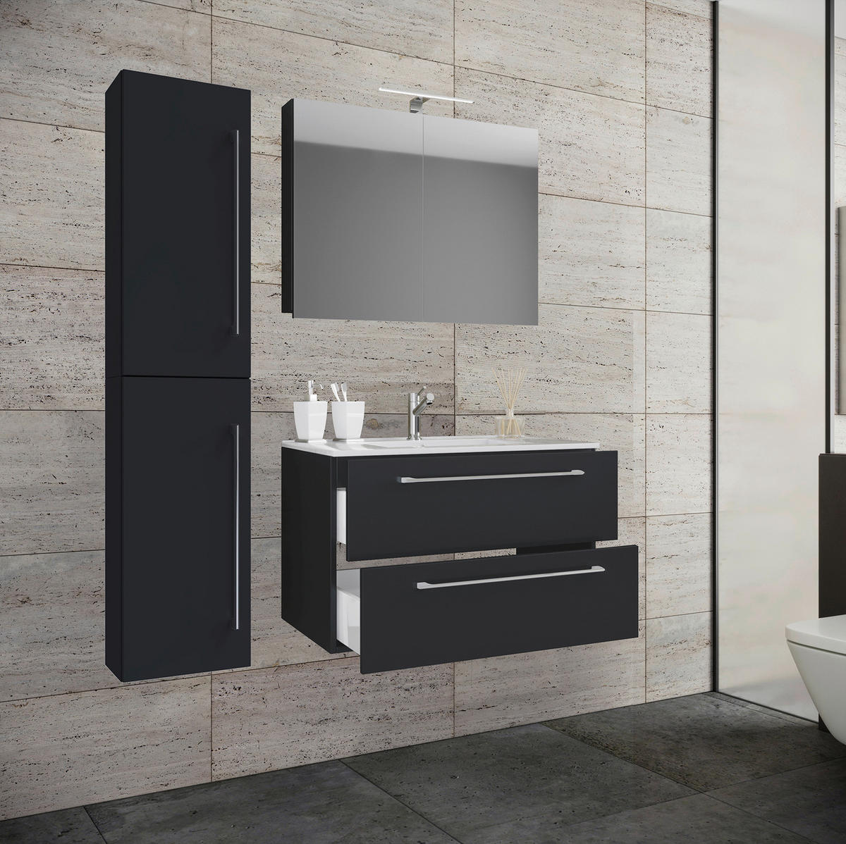 Waschplatz 4tlg-Badinos schwarz B/H/T: ca. 61x52x46,4 cm 4tlg-Badinos - schwarz (61,00/52,00/46,40cm) - VCM Möbel