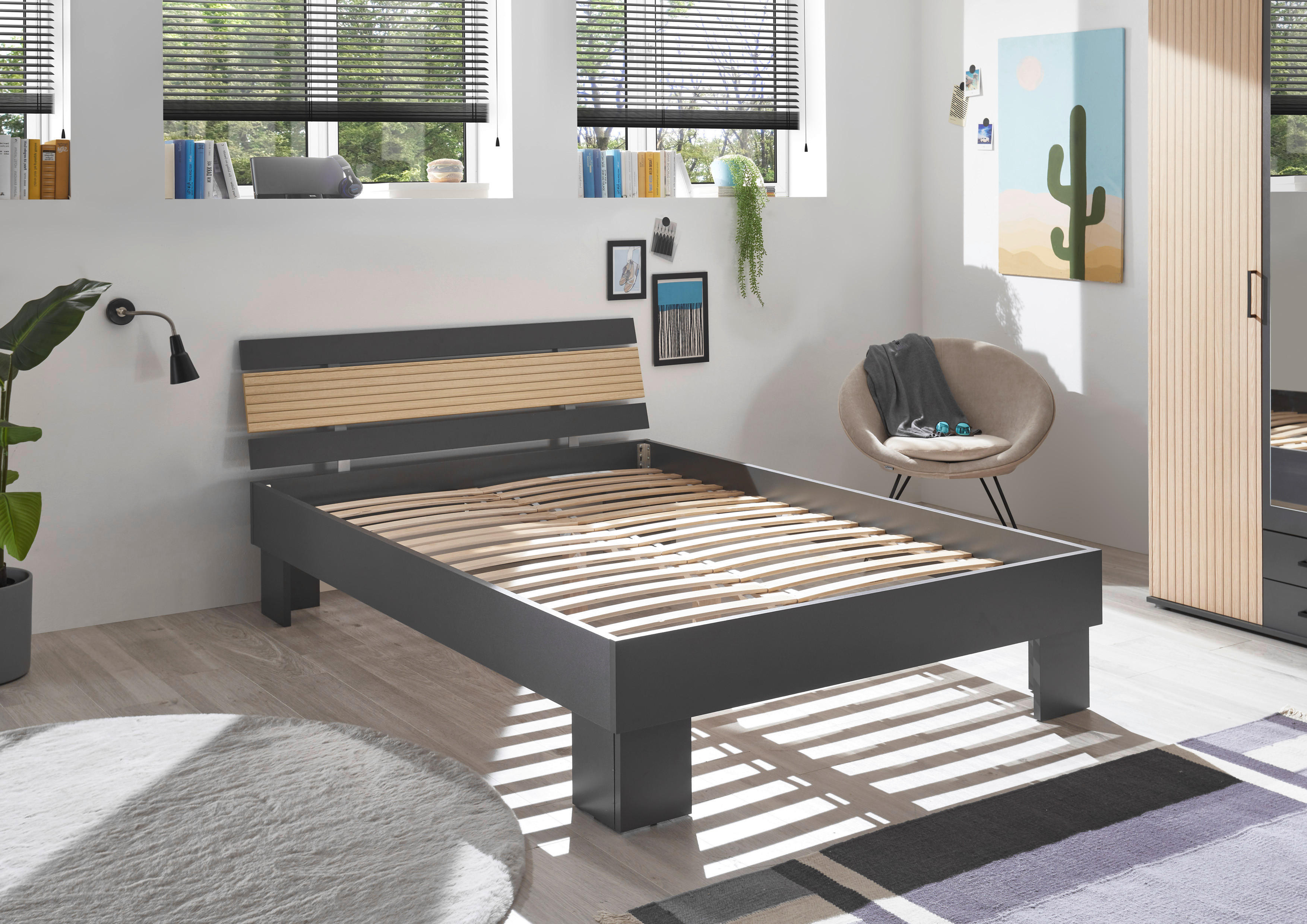 Futonbett Jolka Graphit Eiche Nachbildung Liegefläche B/L: ca. 140x200 cm Jolka - Eiche/Graphit (145,00/82,00/215,00cm)
