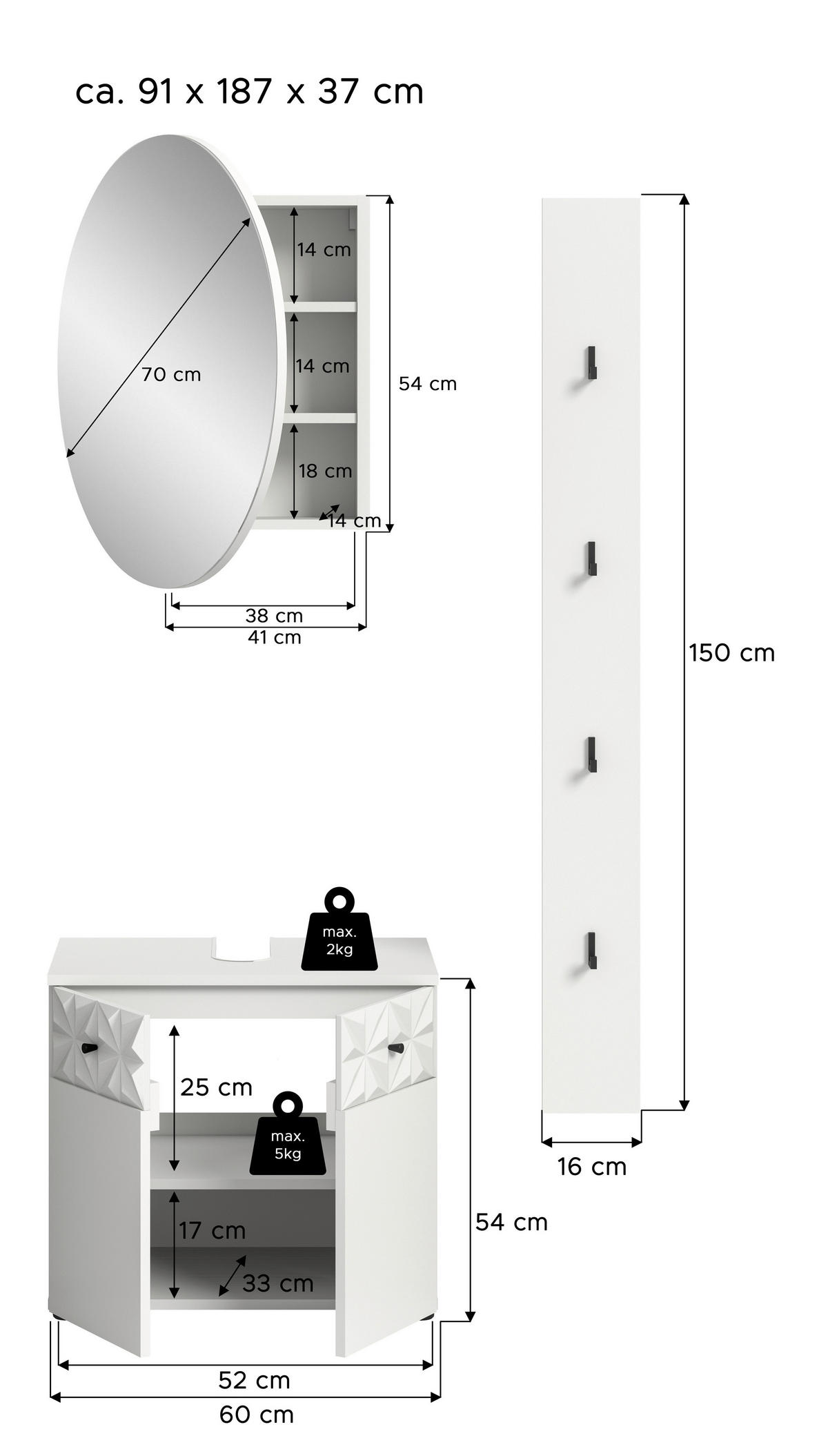 Badezimmer-Set Prisma weiß B/H/T: ca. 60x187x37 cm Prisma - weiß (60,00/187,00/37,00cm) - xonox.home