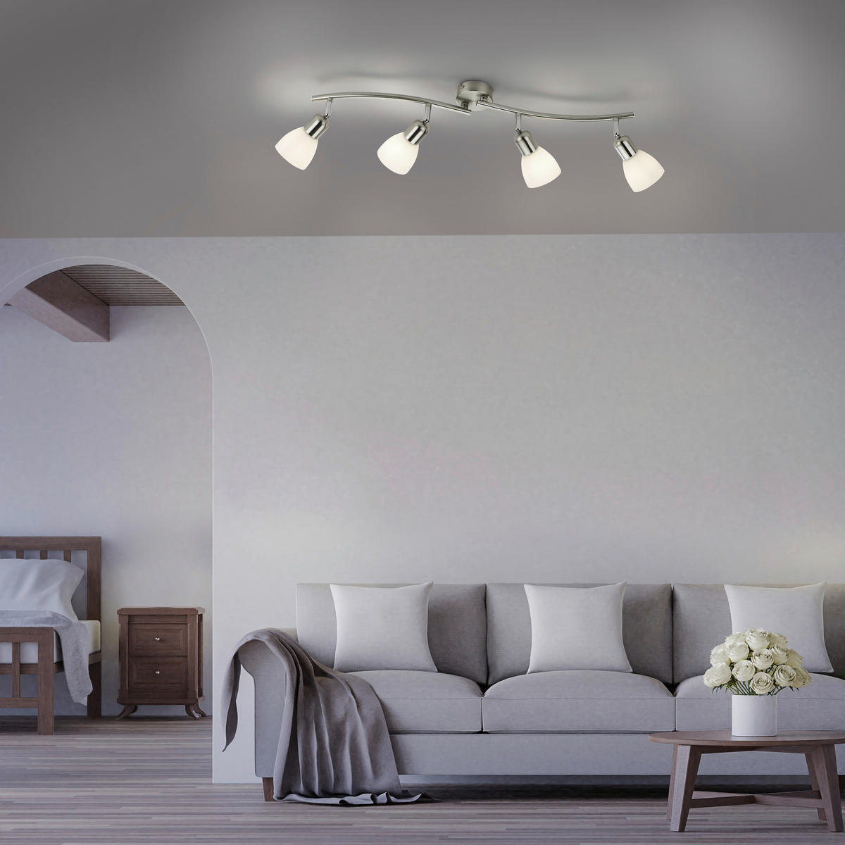 Just Light Spotbalken PN11954-55  Karo stahlfarbig weiß Aluminium Kunststoff Glas B/H/L: ca. 22x21x87 cm E14 4 Brennstellen Karo - weiß/stahlfarbig (87,00/22,00/21,00cm) - Just Light