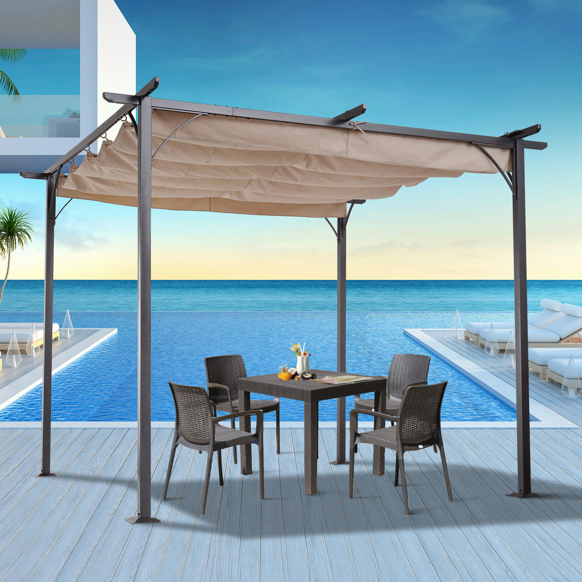 Outsunny Pergola schwarz Metall B/H/L: ca. 300x230x300 cm Pergola - beige/schwarz (300,00/300,00/230,00cm) - Outsunny