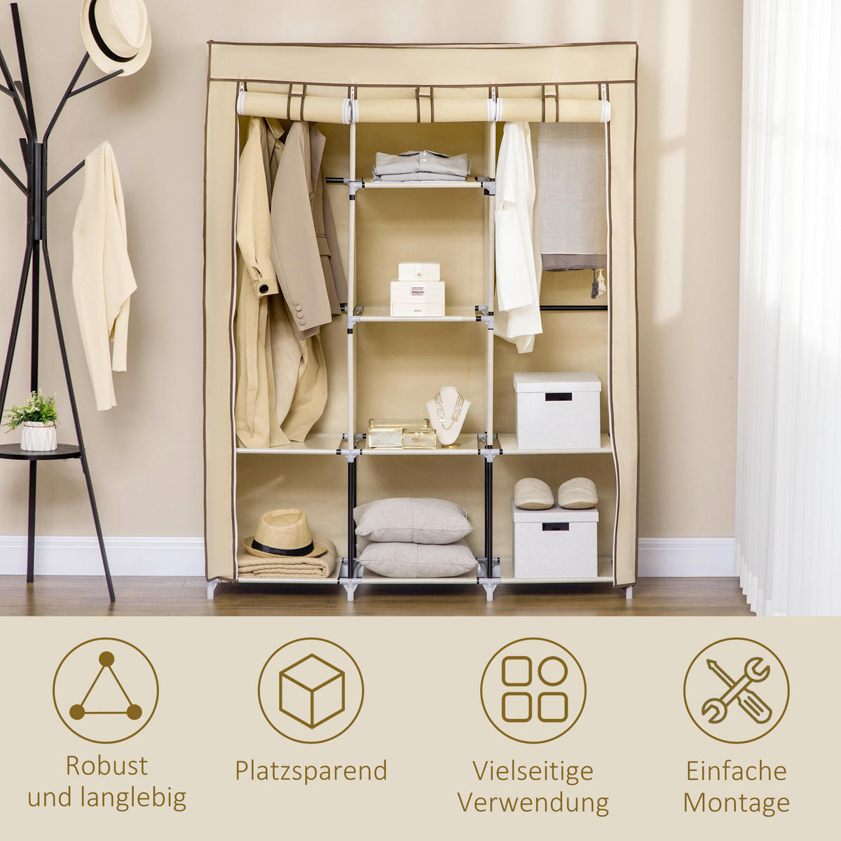 HOMCOM Kleiderschrank beige Edelstahl B/H/L: ca. 43x125x162,5 cm Stoffschrank - beige (162,50/43,00/125,00cm) - HOMCOM