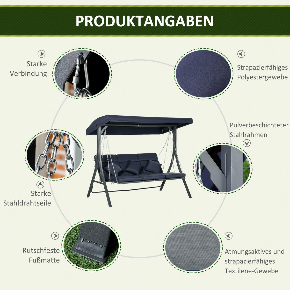 Outsunny Hollywoodschaukel dunkelblau Polyester B/H/L: ca. 118x168x198 cm Hollywoodschaukel - schwarz/dunkelblau (198,00/118,00/168,00cm) - Outsunny