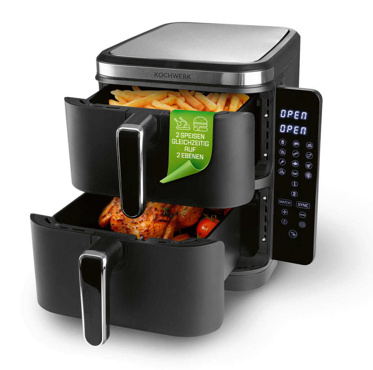 Kochwerk Heißluftfritteuse Doppel-Heißluftfritteuse 15473 - schwarz (44,30/28,60/35,50cm) - Kochwerk