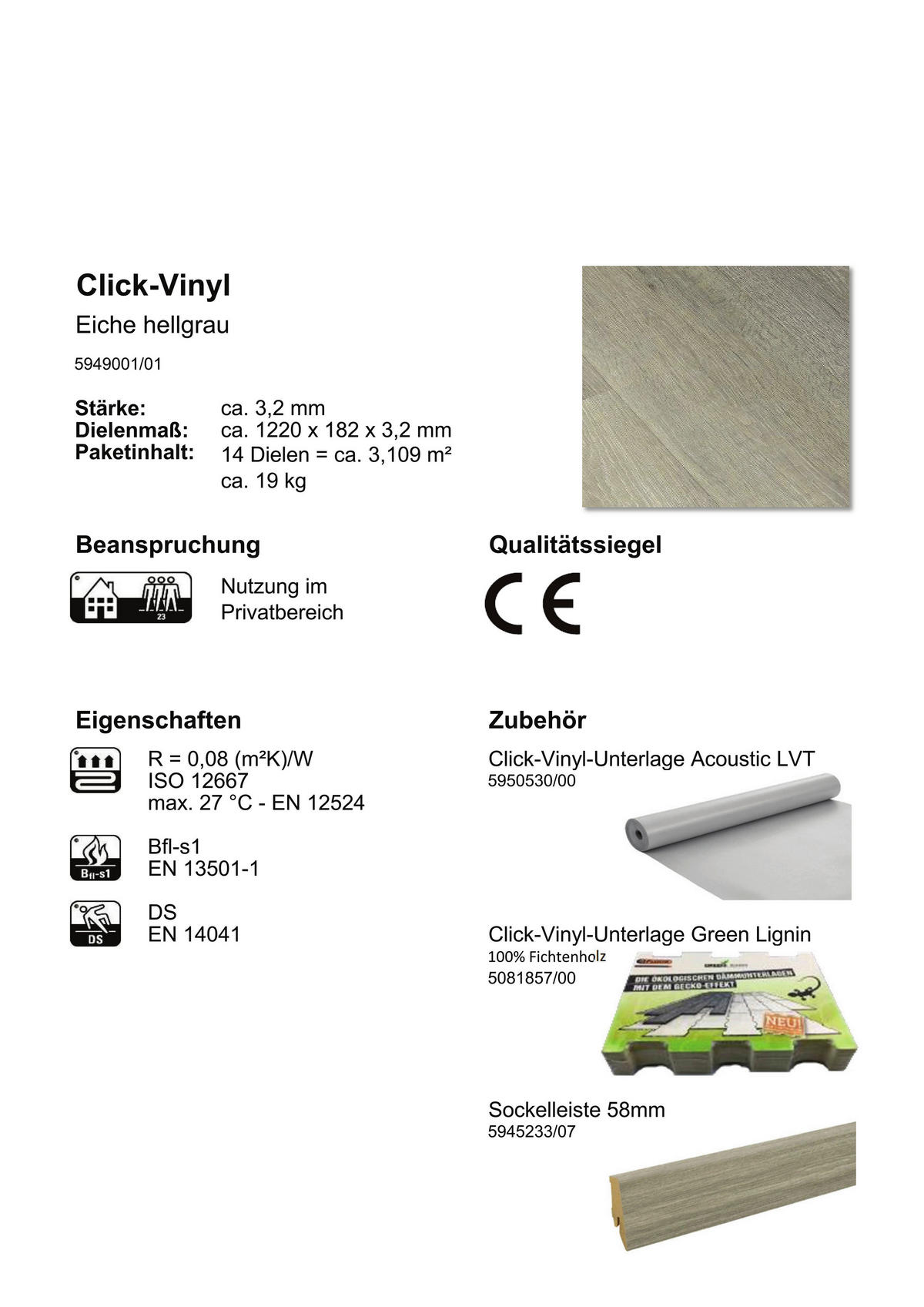 Click-Vinylboden Eiche h.grau ca. 3,109 m² im Paket  B/L: ca. 18x121,3 cm pro Paket Eiche h.grau ca. 3,109 m² im Paket - hellgrau (18,00/121,30cm)