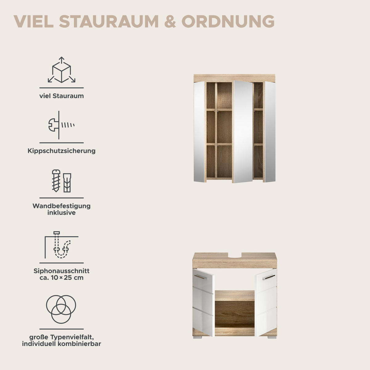 Badezimmer-Set Lambada Eiche Sonoma Nachbildung weiß Hochglanz B/H/T: ca. 60x191x34 cm Lambada - Eiche/weiß (60,00/191,00/34,00cm) - xonox.home