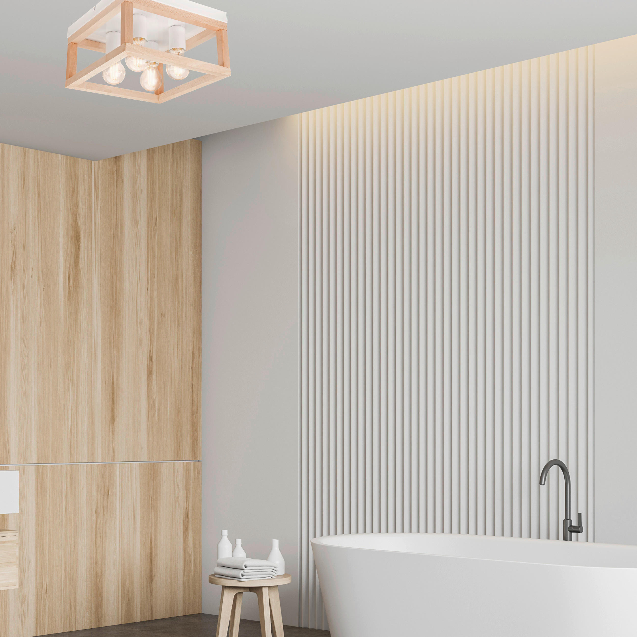 Thumbnail - Lamkur Deckenleuchte VILLY 46020 natur weiß Holz Stahl H/L: ca. 17x30 cm E27 4 Brennstellen