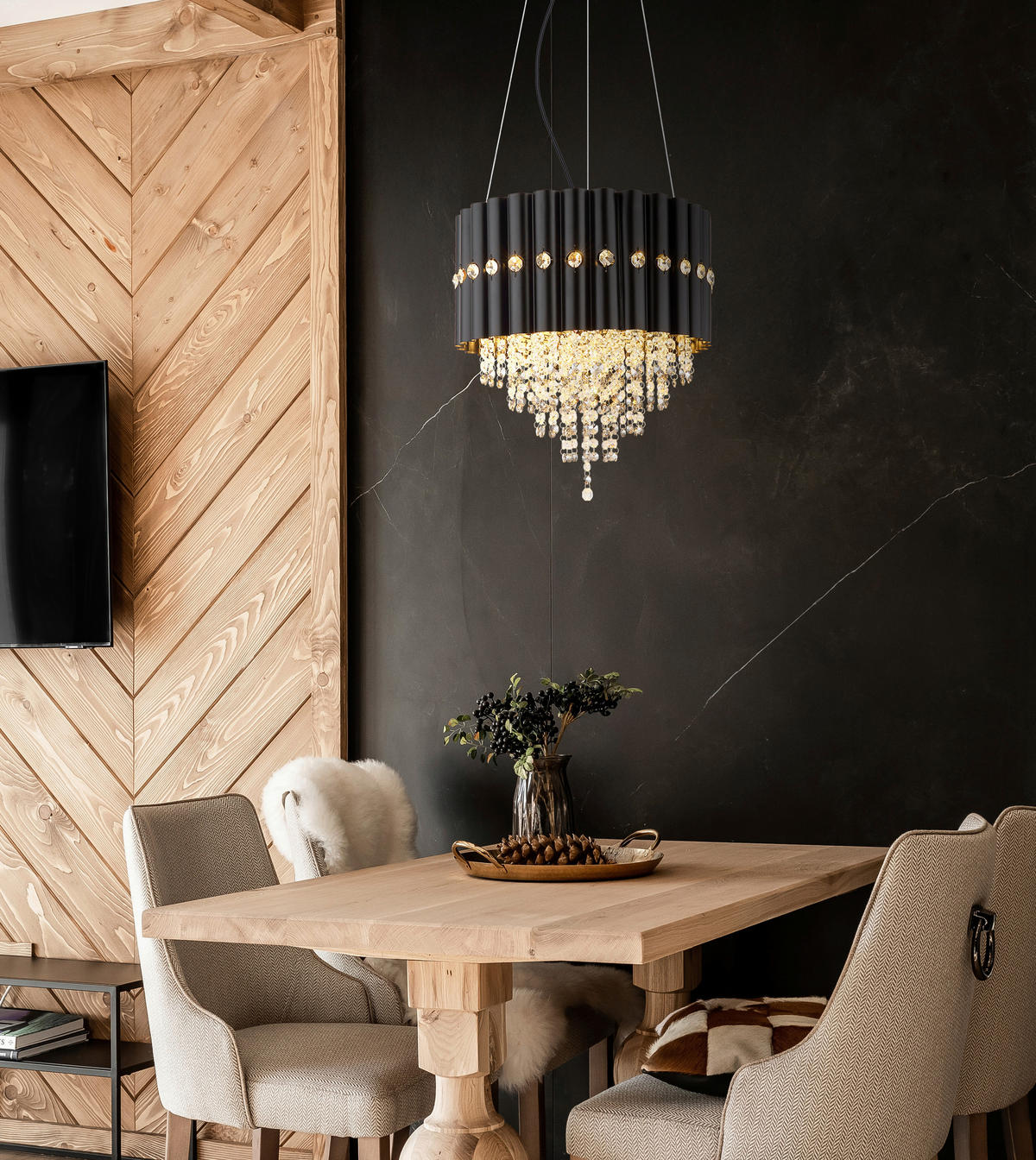 GLOBO Lüsterkrone ELEOS 63149-3 schwarz Metall H/D: ca. 150x40 cm E27 3 Brennstellen ELEOS - schwarz (40,00/150,00cm) - GLOBO