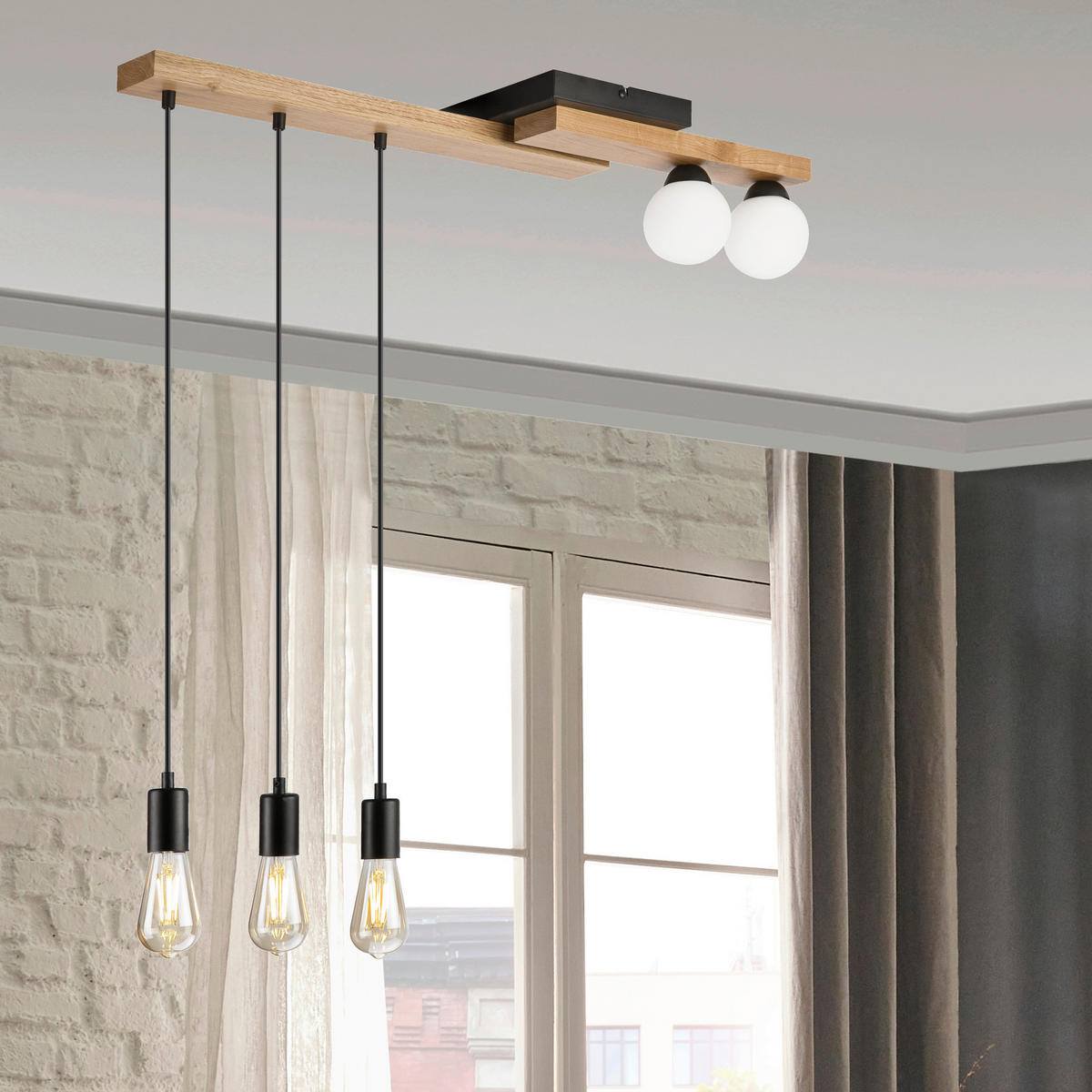Lamkur Pendelleuchte schwarz Holz B/H/L: ca. 20x86x84 cm G9 2 Brennstellen CORTINA - schwarz (84,00/20,00/86,00cm) - Lamkur