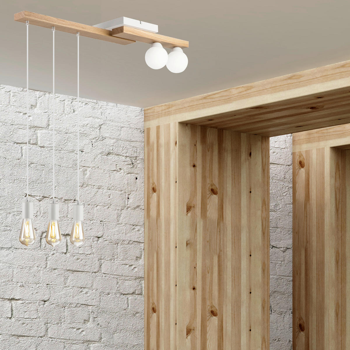 Lamkur Pendelleuchte weiß Holz B/H/L: ca. 20x86x84 cm G9 2 Brennstellen CORTINA - weiß (84,00/20,00/86,00cm) - Lamkur