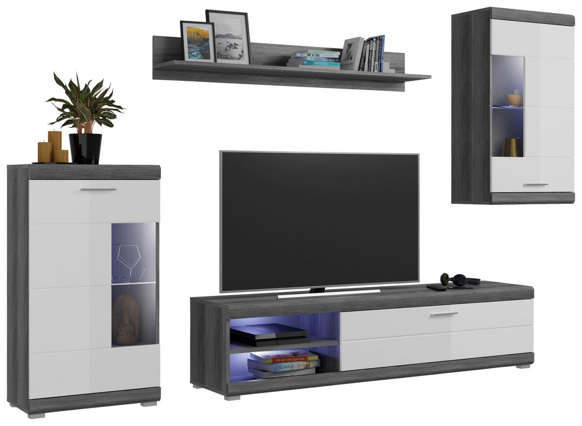 Wohnwand Scout Rauchsilber Nachbildung weiß Hochglanz B/H/T: ca. 265x185x40 cm Scout - weiß (265,00/185,00/40,00cm)