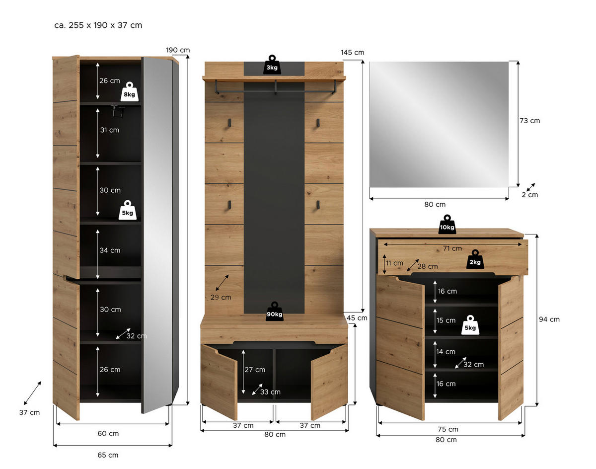 Garderobe Canu basaltgrau Nachbildung Artisan Nachbildung B/H/T: ca. 255x190x37 cm Canu - basaltgrau (255,00/190,00/37,00cm) - xonox.home