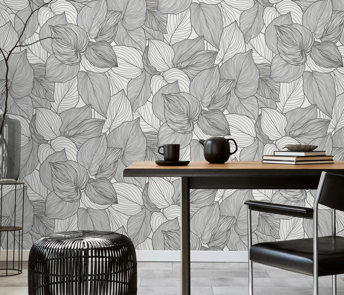 Erismann Vliestapete Blätter weiß schwarz B/L: ca. 53x1005 cm Vliestapete_10381-10 - weiß/schwarz (53,00/1005,00cm) - Erismann