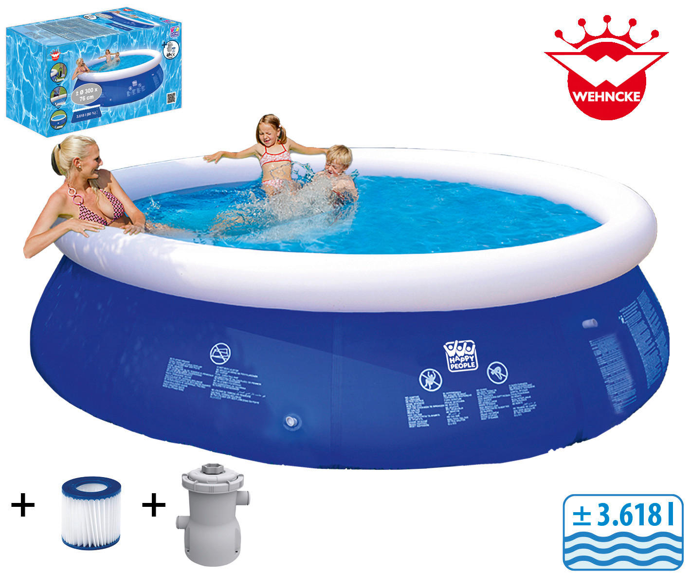 Happy People Quick-Up-Pool Set mit Filterpumpe H/D: ca. 76x300 cm Set mit Filterpumpe - blau/weiß (300,00/76,00cm) - Happy People