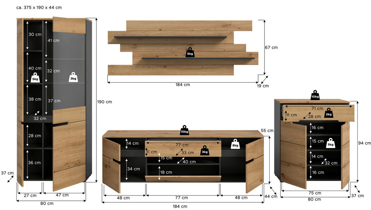 Wohnwand Canu basaltgrau Nachbildung Artisan Oak Nachbildung B/H/T: ca. 375x190x44 cm Canu - basaltgrau (375,00/190,00/44,00cm) - xonox.home