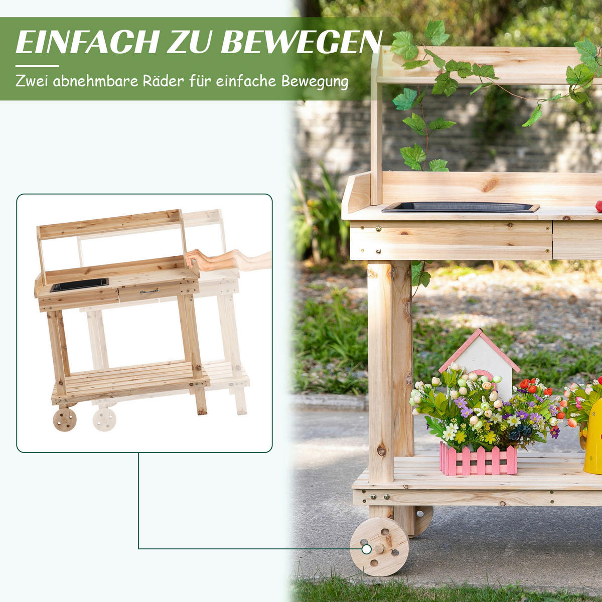 Outsunny Pflanztischmit Rollen natur B/H/L: ca. 45x119x92 cm Gärtnertisch 845-460ND - natur (92,00/45,00/119,00cm) - Outsunny