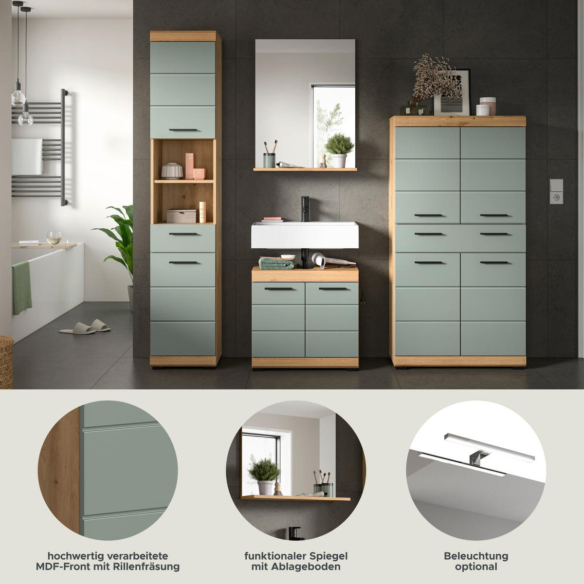 Badezimmer-Set Scout Eiche Artisan Nachbildung salbei Nachbildung B/H/T: ca. 186x191x34 cm Scout - Eiche/salbei (186,00/191,00/34,00cm) - xonox.home