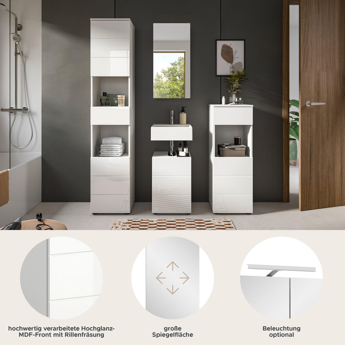 Badezimmer-Set VIRA weiß weiß Hochglanz B/H/T: ca. 144x190x34 cm VIRA - weiß (144,00/190,00/34,00cm) - xonox.home
