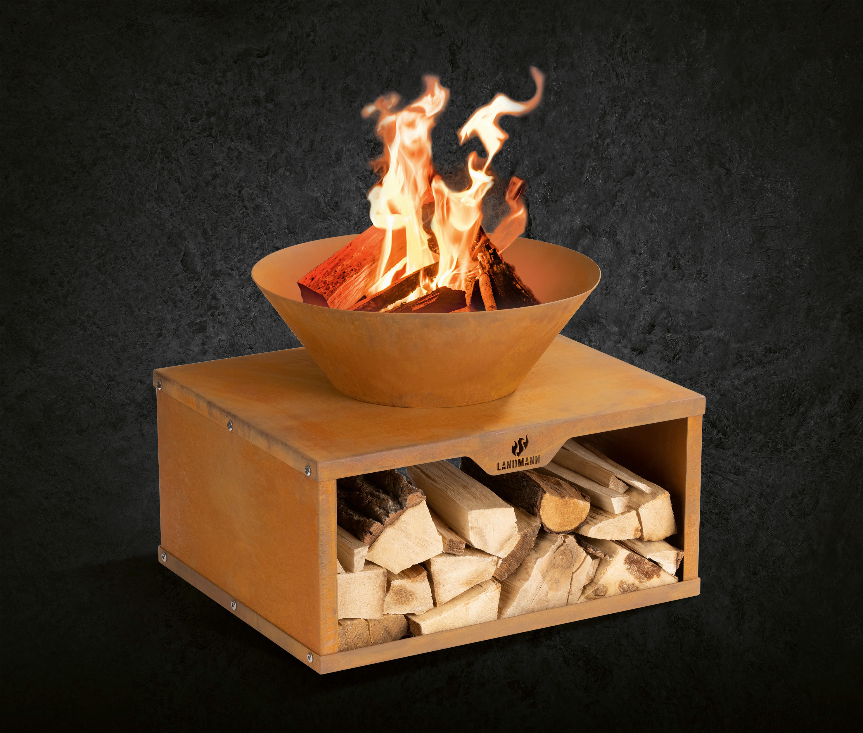 LANDMANN Feuerschale rost Stahl B/H/T: ca. 60x45x50 cm Feuerschale_mit_Holzlager - rost (60,00/45,00/50,00cm) - Landmann
