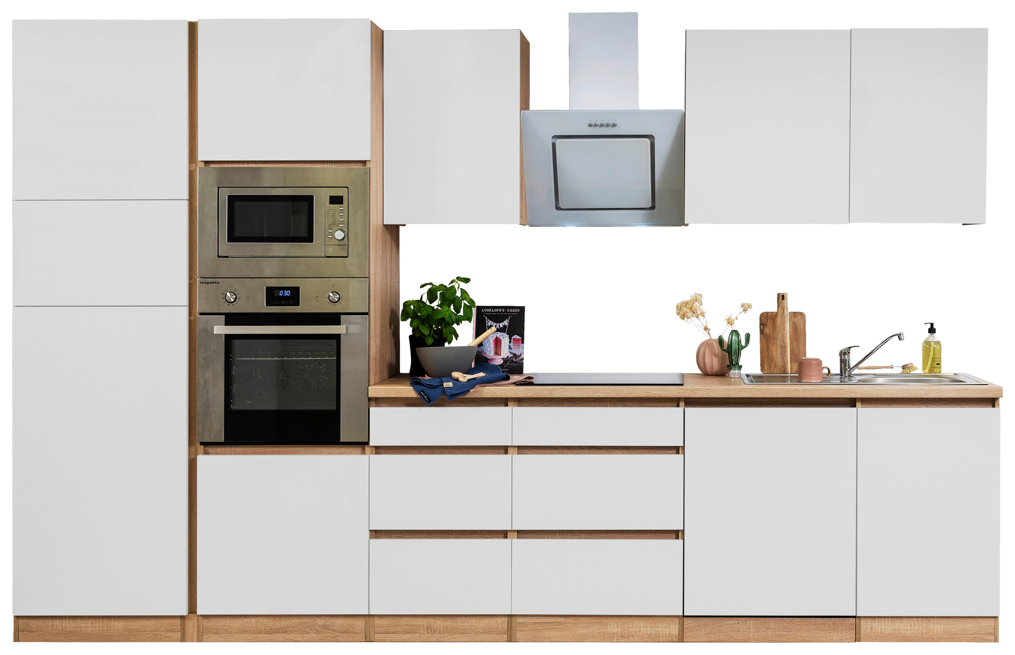 Respekta Küchenblock Premium weiß matt B/H/T: ca. 345x220,5x60 cm Premium - Eiche/weiß (345,00/220,50/60,00cm)