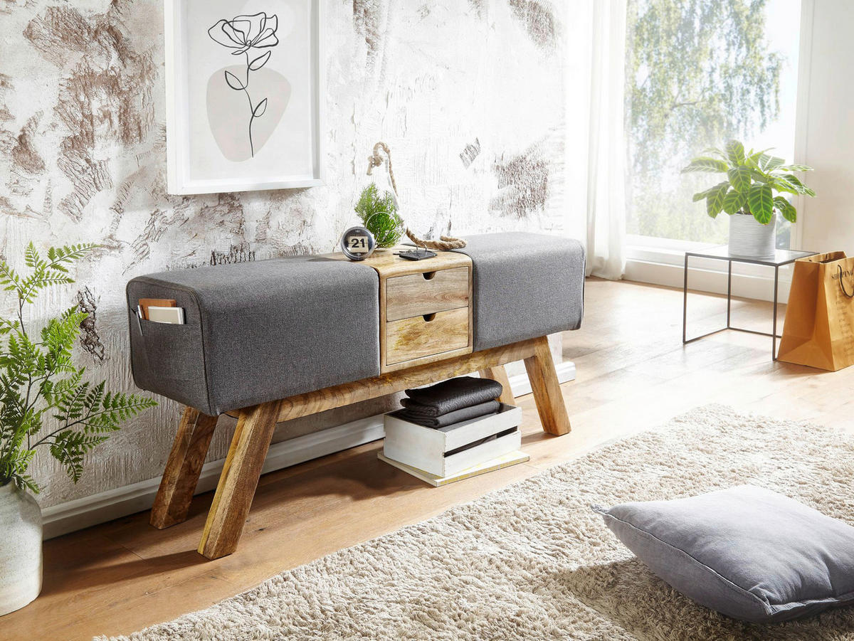 Wohnling Sitzbank grau natur Stoff Echtholz B/H/T: ca. 120x56x30 cm Sitzbank - natur/grau (120,00/56,00/30,00cm) - Wohnling