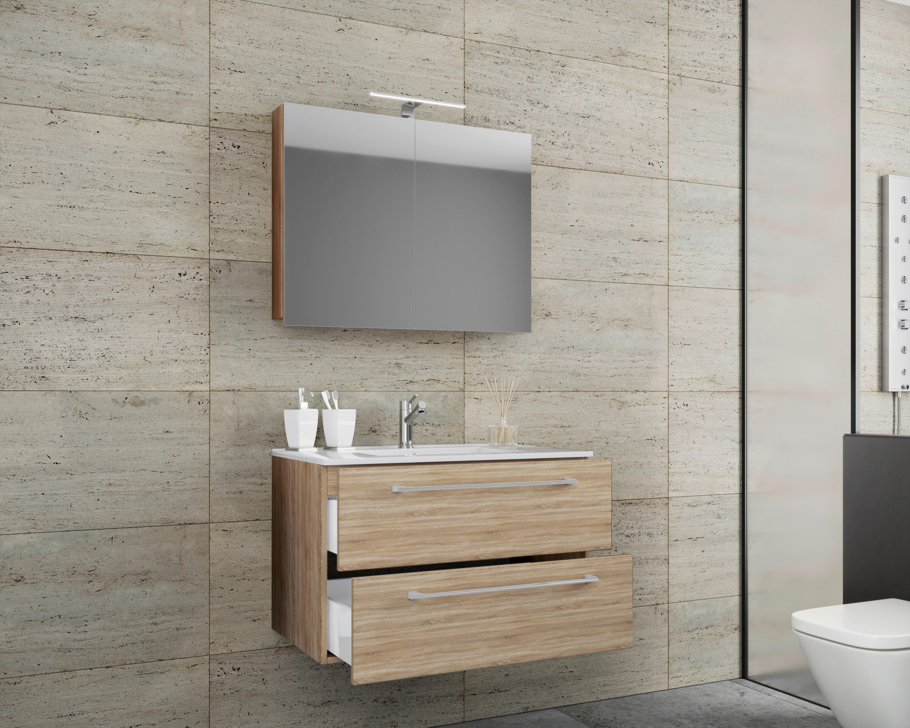 Waschplatz 3tlg-Badinos Eiche Sonoma Nachbildung B/H/T: ca. 60x50x46 cm 3tlg-Badinos - Eiche (60,00/50,00/46,00cm) - VCM Möbel