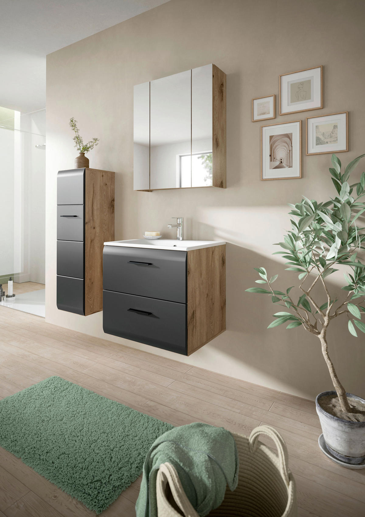 Badezimmer-Set Ice Nox Oak Nachbildung schwarz matt B/H/T: ca. 60x185x46 cm Ice - schwarz (60,00/185,00/46,00cm) - xonox.home