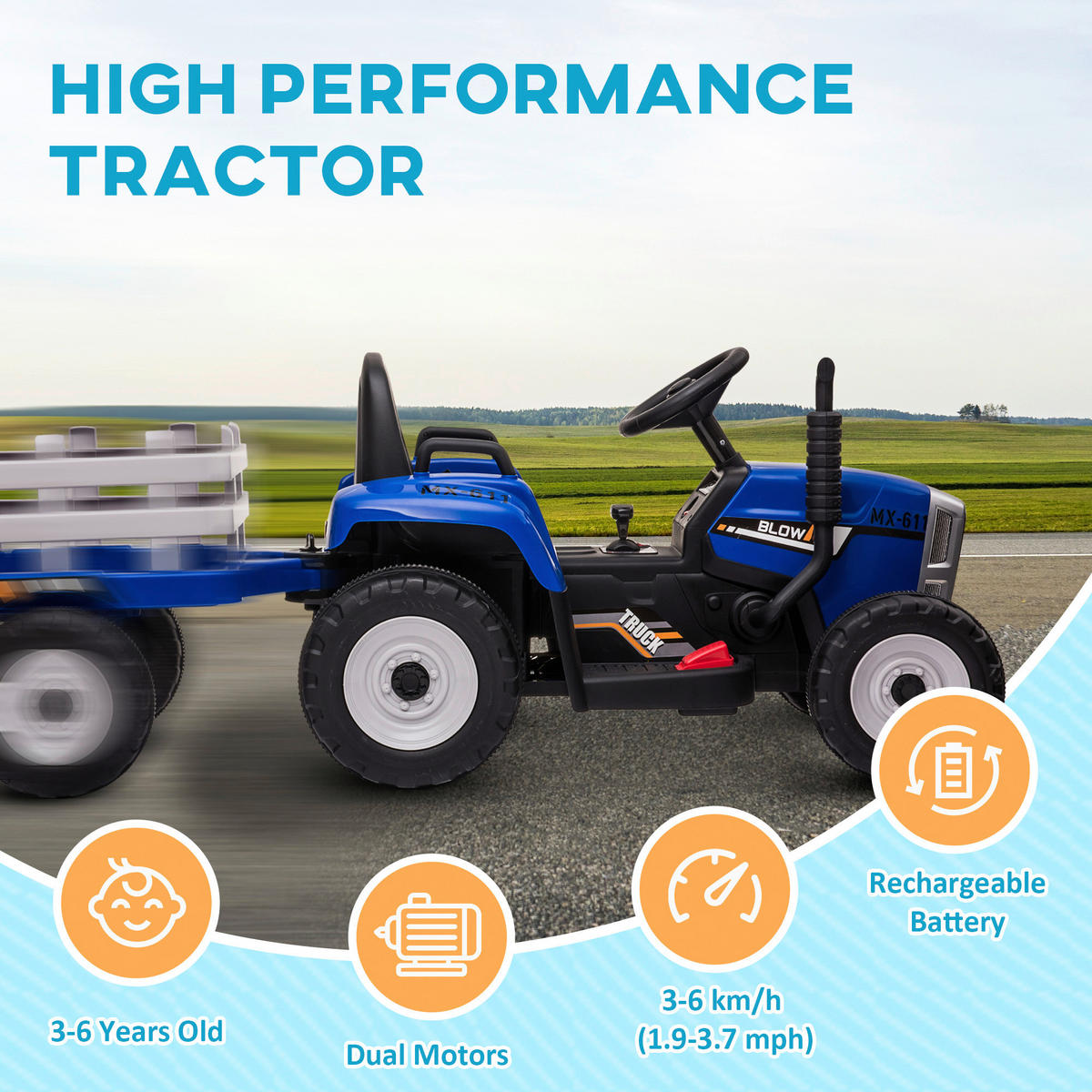 HOMCOM Kinder Elektro-Traktor blau B/H/L: ca. 50x52,5x136,5 cm Kinder Elektro-Traktor - blau (136,50/50,00/52,50cm) - HOMCOM