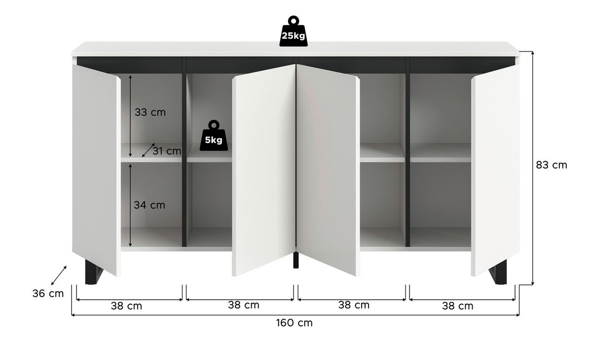 Sideboard Tomasa weiß schwarz B/H/T: ca. 160x84x36 cm Tomasa - weiß/schwarz (160,00/84,00/36,00cm) - xonox.home