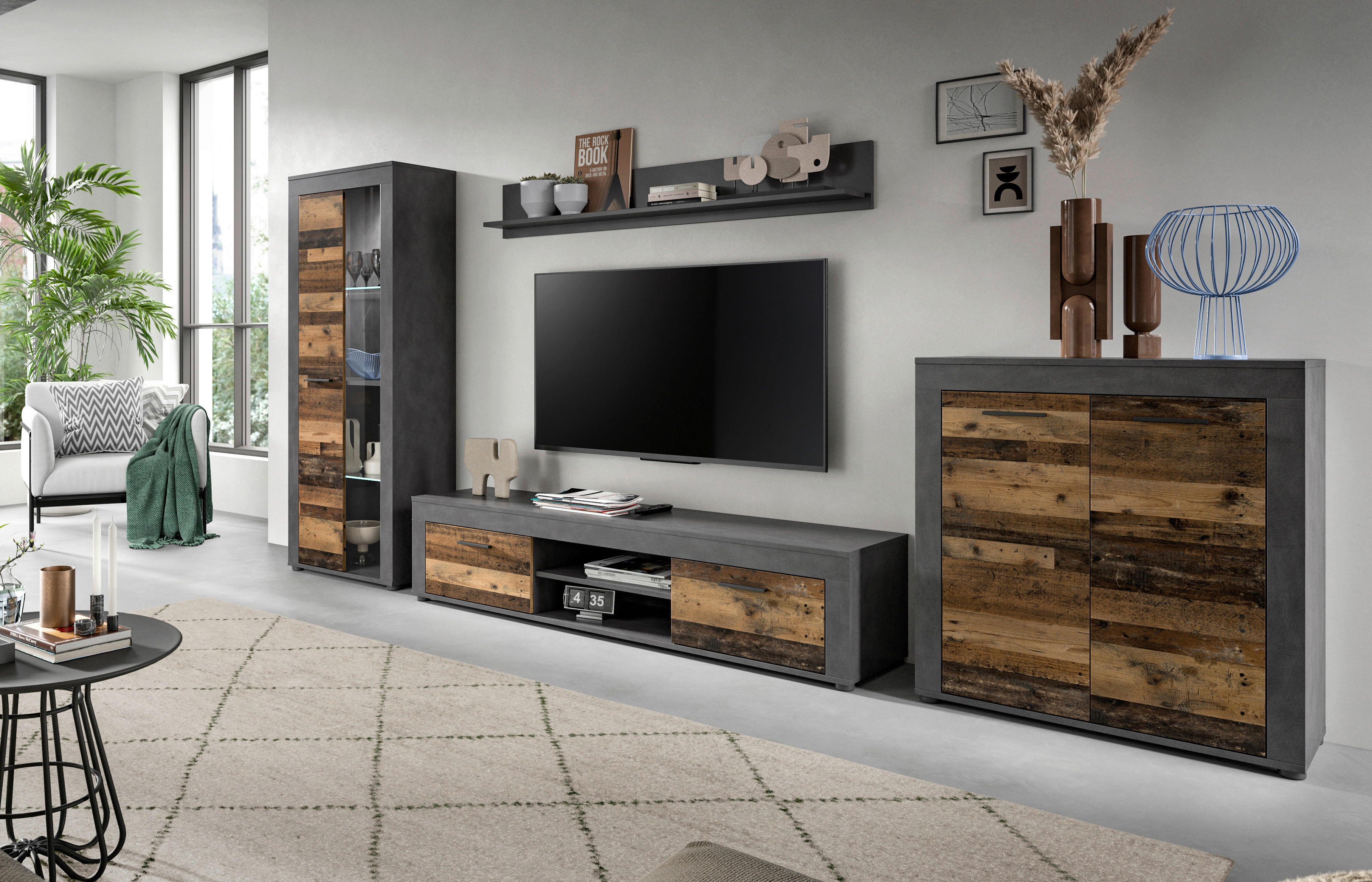 Wohnwand Jam Matera Nachbildung Old Wood Nachbildung B/H/T: ca. 159x330x35 cm Jam - (159,00/330,00/35,00cm) - xonox.home