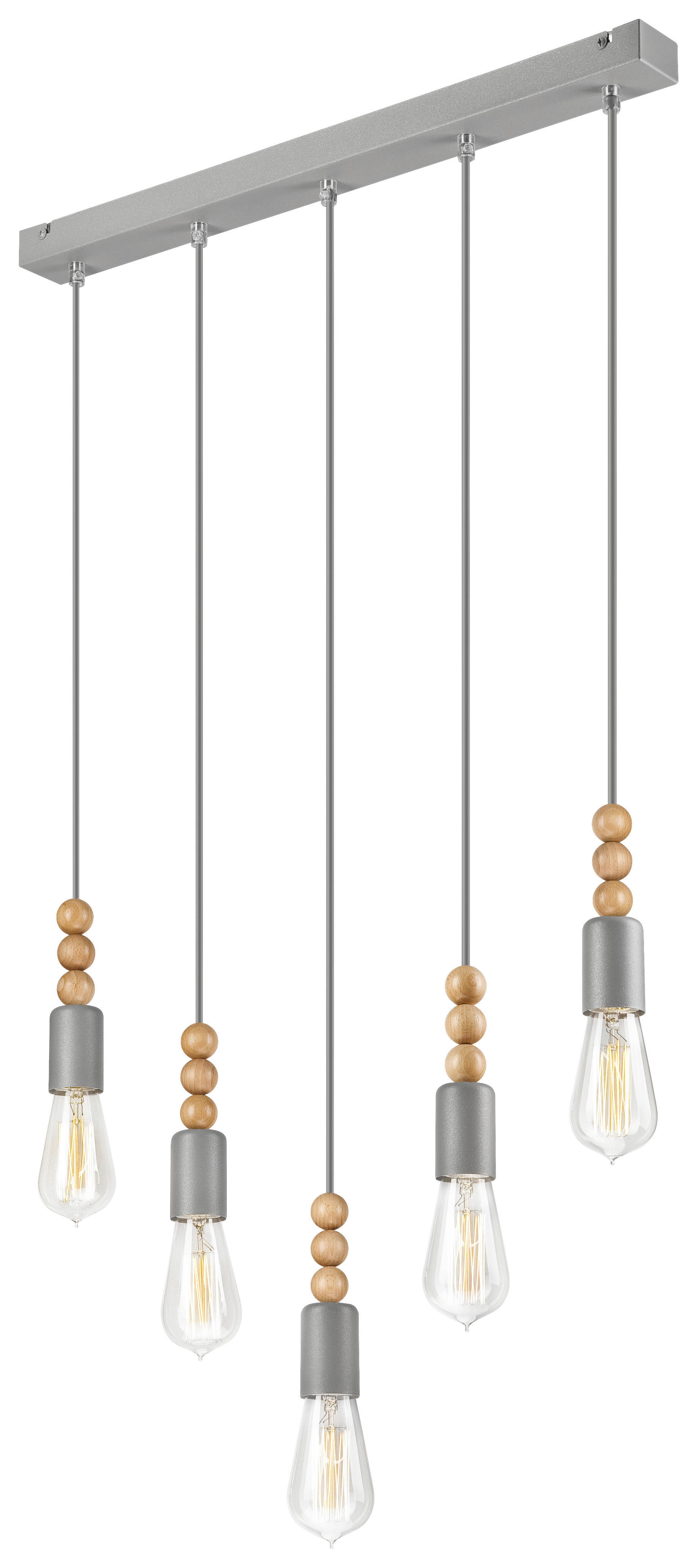 Lamkur Pendelleuchte SIMON 37417 silber Stahl Holz H/L: ca. 94x60 cm E27 5 Brennstellen Simon - silber (60,00cm) - Lamkur