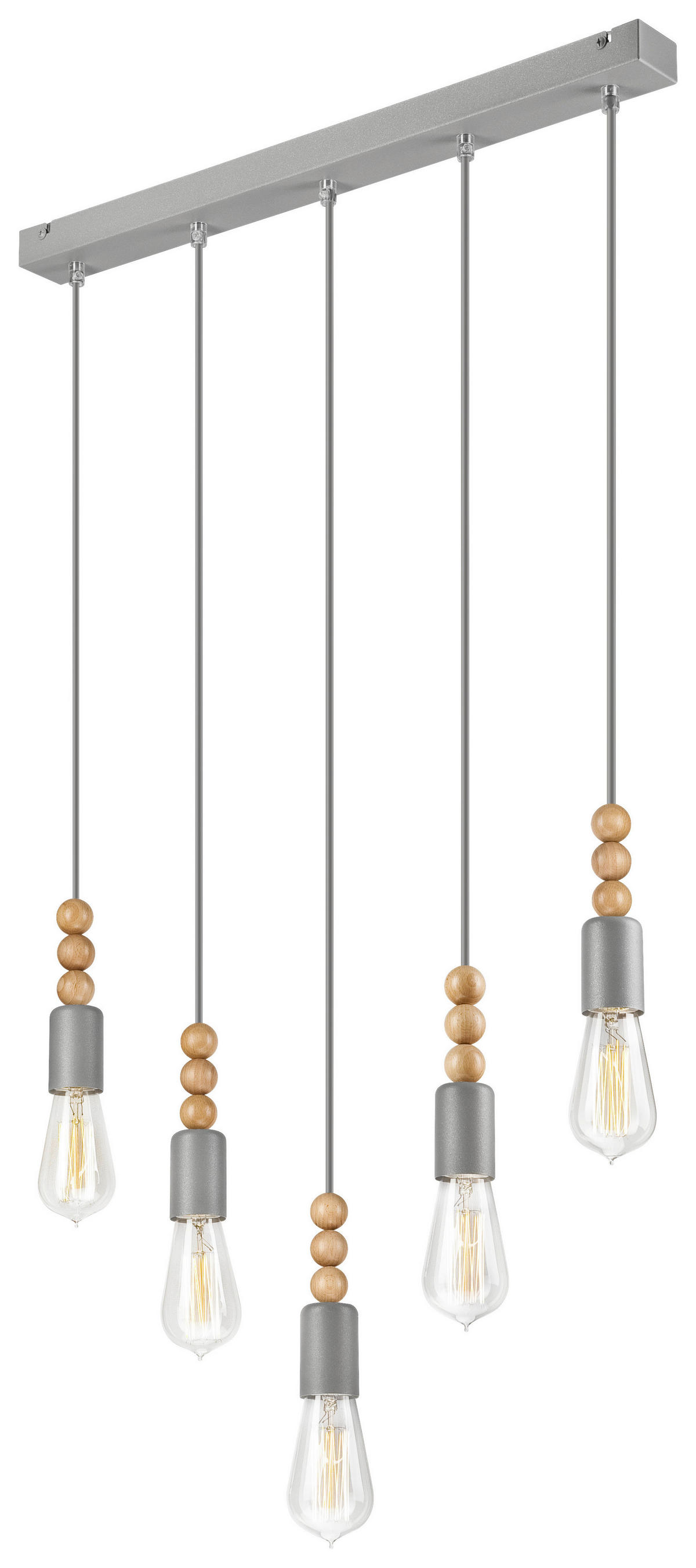 Lamkur Pendelleuchte SIMON 37417 silber Stahl Holz H/L: ca. 94x60 cm E27 5 Brennstellen Simon - silber (60,00cm) - Lamkur