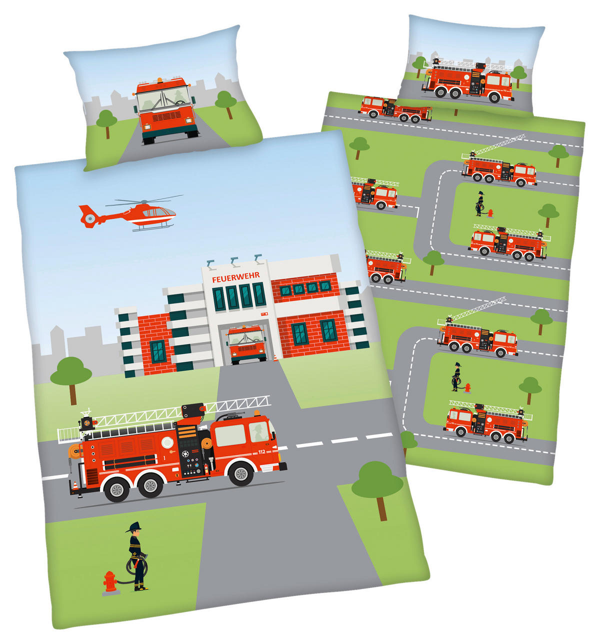 Baumwoll Bettwäsche Baby-Bettwäsche Feuerwehr - Multi (100,00/135,00cm)
