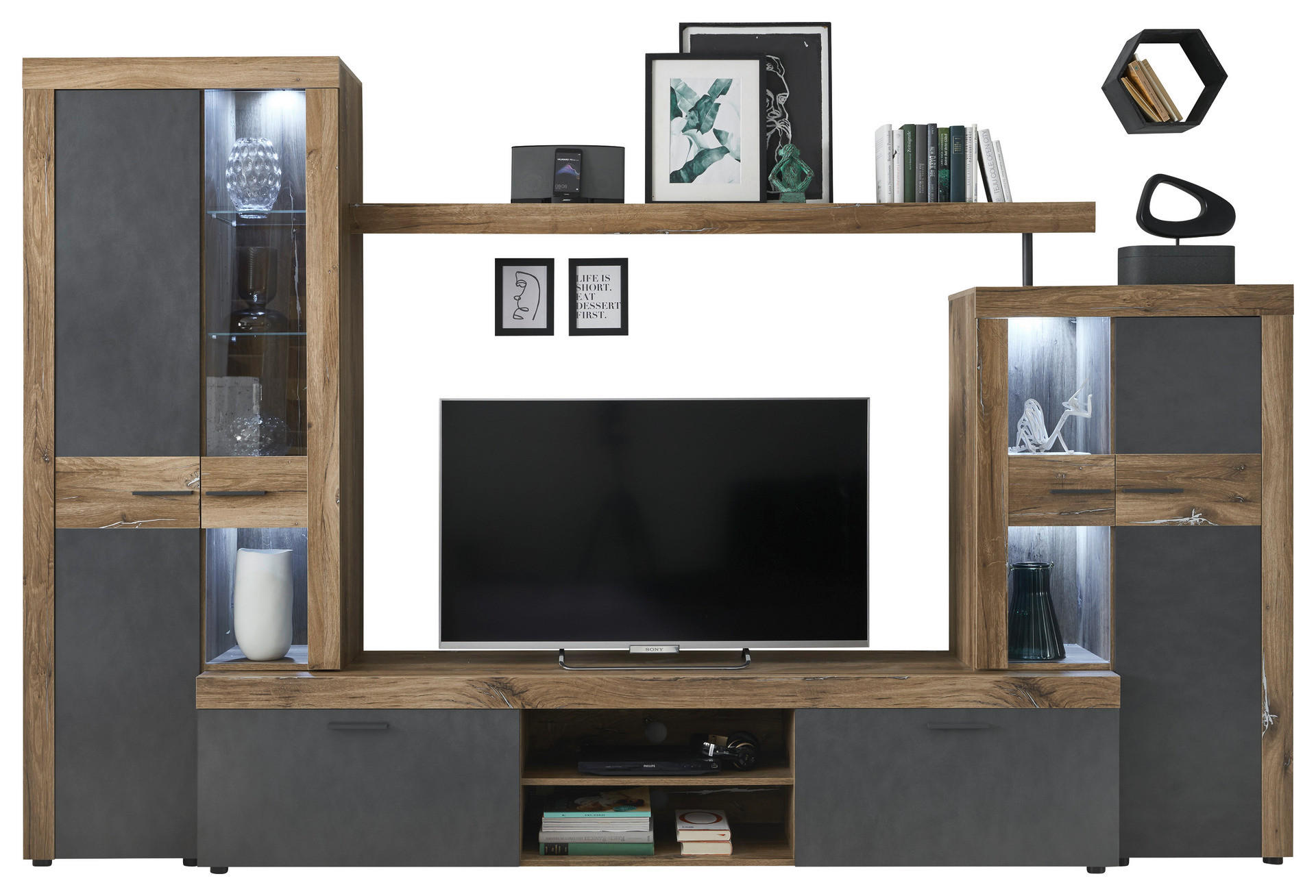 Wohnwand Boost Eiche Flagstaff Nachbildung Matera Nachbildung B/H/T: ca. 320x205x45 cm Boost - Eiche (320,00/205,00/45,00cm)