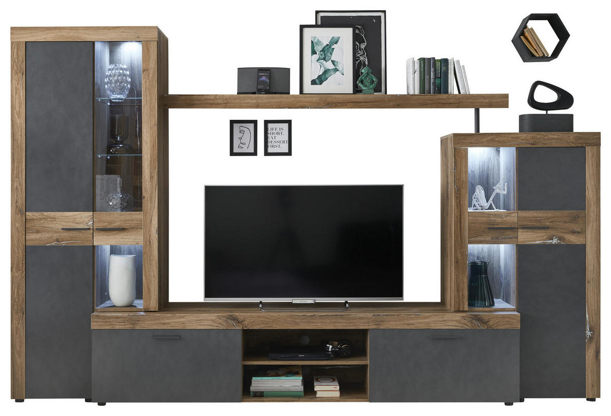 Wohnwand Boost Eiche Flagstaff Nachbildung Matera Nachbildung B/H/T: ca. 320x205x45 cm Boost - Eiche (320,00/205,00/45,00cm)