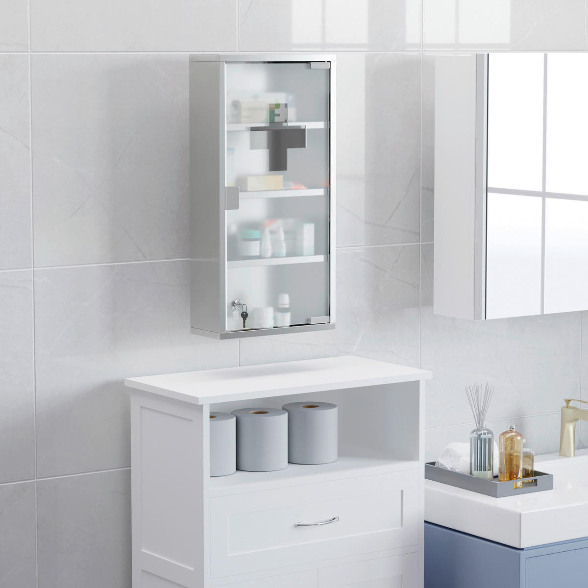HOMCOM Medizinschrank silber Glas B/H/L: ca. 12x30x60 cm Medizinschrank - silber (60,00/12,00/30,00cm) - HOMCOM