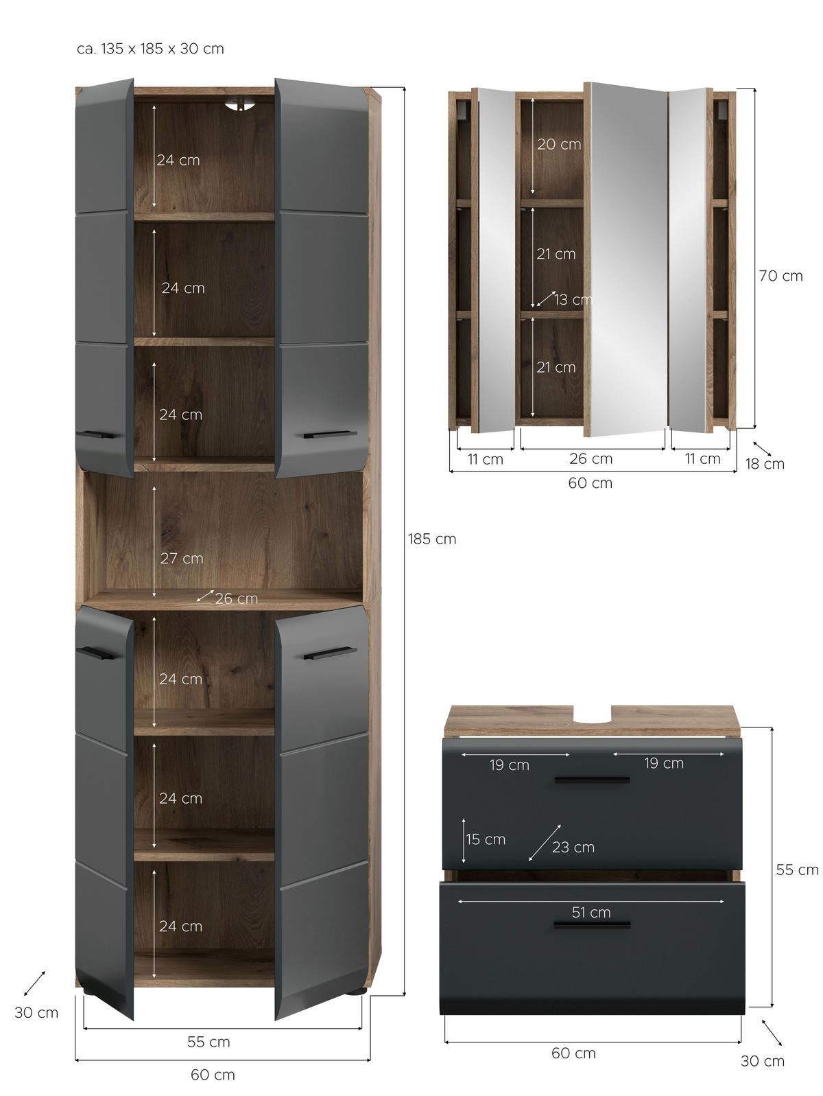 Badezimmer-Set Ice Nox Oak Nachbildung schwarz matt B/H/T: ca. 135x185x30 cm Ice - schwarz (135,00/185,00/30,00cm) - xonox.home